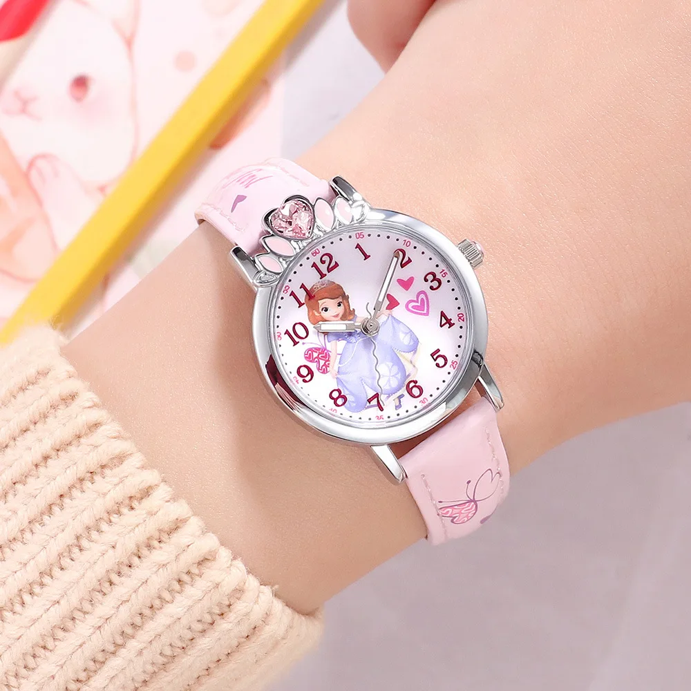 

Disney brand children girl wristwatches quartz leather waterproof child watch Cartoon anime pink red