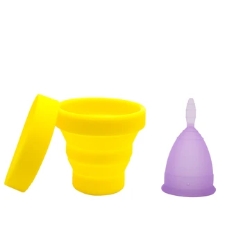 

2019 Women's Silicone Menstrual Cup Feminine Collector Menstrual Soft Reusable Purple Vaginal Cup With Yellow Sterilize Cup S/L