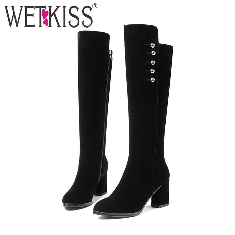 WETKISS/высокие сапоги на толстом каблуке весенние до колена черные женские из флока