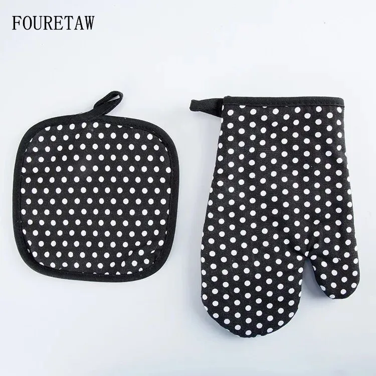 

FOURETAW 1 Set Cotton Fashion Kitchen Cooking microwave gloves baking BBQ potholders Oven mitts kitchen Black Dotted gloves