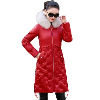 

Real Fox Fur Collar Winter Coat PU Leather Jacket Women Zipper Hooded Warm Cotton Jacket Female Solid Color Slim Long Jackets 13