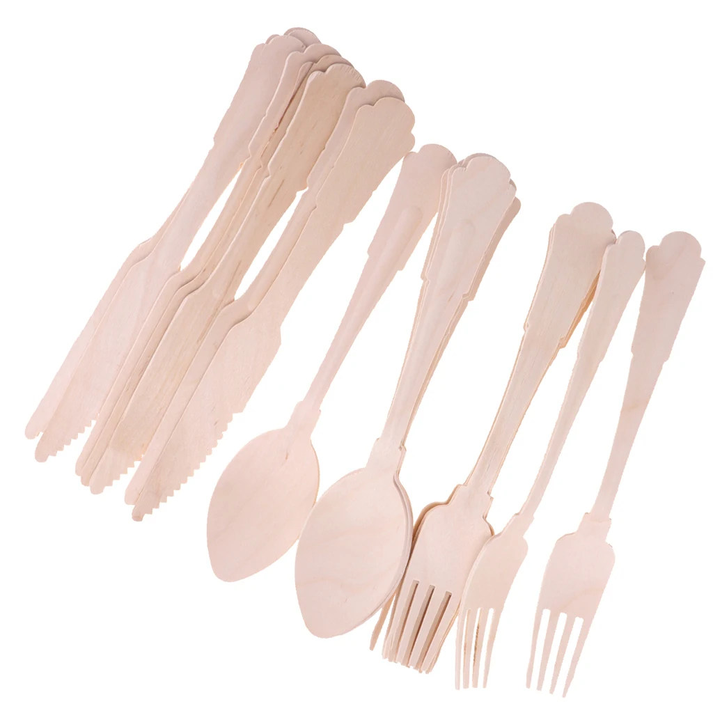 24pcs Disposable Wooden Cutlery Set Wooden Spoons Forks Knife for Weddings Party Events Dinner BBQ Supplies