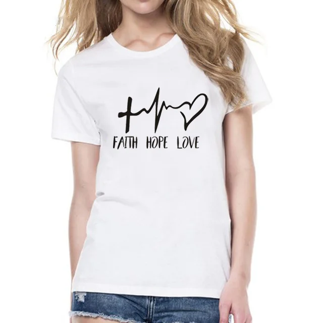 Женская футболка христианская женская с надписью Faith Hope Love Heartbeat круглым вырезом