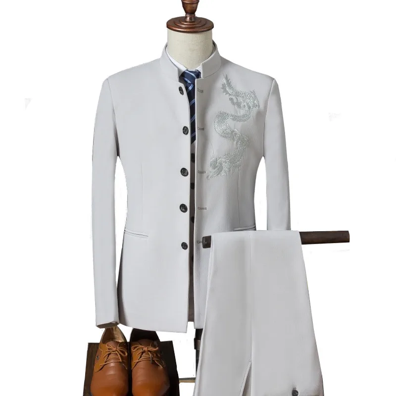 Men's Traditional Stand Collar Chinese Wedding Dragon Totem Embroidered Suit 3 Piece Set (Jacket + Vest + Pants) Men's Suit 4XL Men's Traditional Stand Collar Chinese Wedding Dragon Totem Embroidered Suit 3 Piece Set (Jacket + Vest + Pants) Men's Suit 4XL