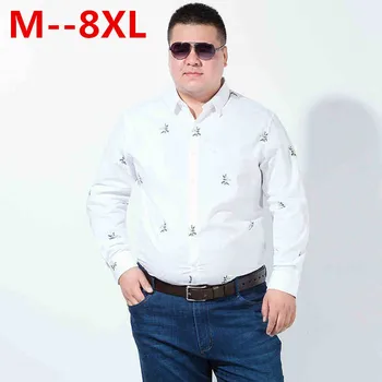 

plus 10XL 8XL 6XL 5XL 4XL Men Casual Shirt Printed Patchwork Striped Long Sleeve Thin Breathable white Autumn Men Dress Shirts