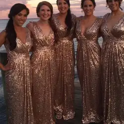 Шампанское золотое платье подружки невесты блестками Bling блестящая линия глубокий v-образный Вырез свадебные вечерние платья 2019 свадебное