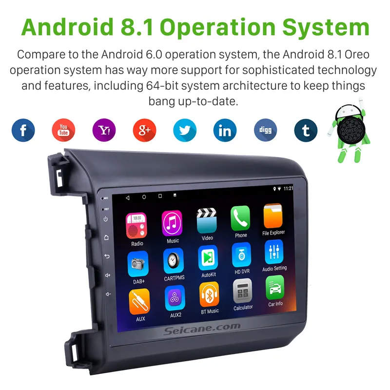 Cheap Seicane 10.1" Android 8.1 GPS Car radio for 2012 Honda Civic with CD DVD Player Bluetooth  3G  HD Multi-touch Capacitive Screen 1