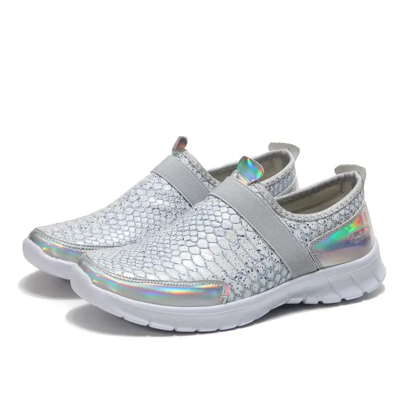 

Sneakers for Women Flats Slip-On Snakeskin pattern Platform Shoes Ladies Flats Silver Sneakers Woman shoes