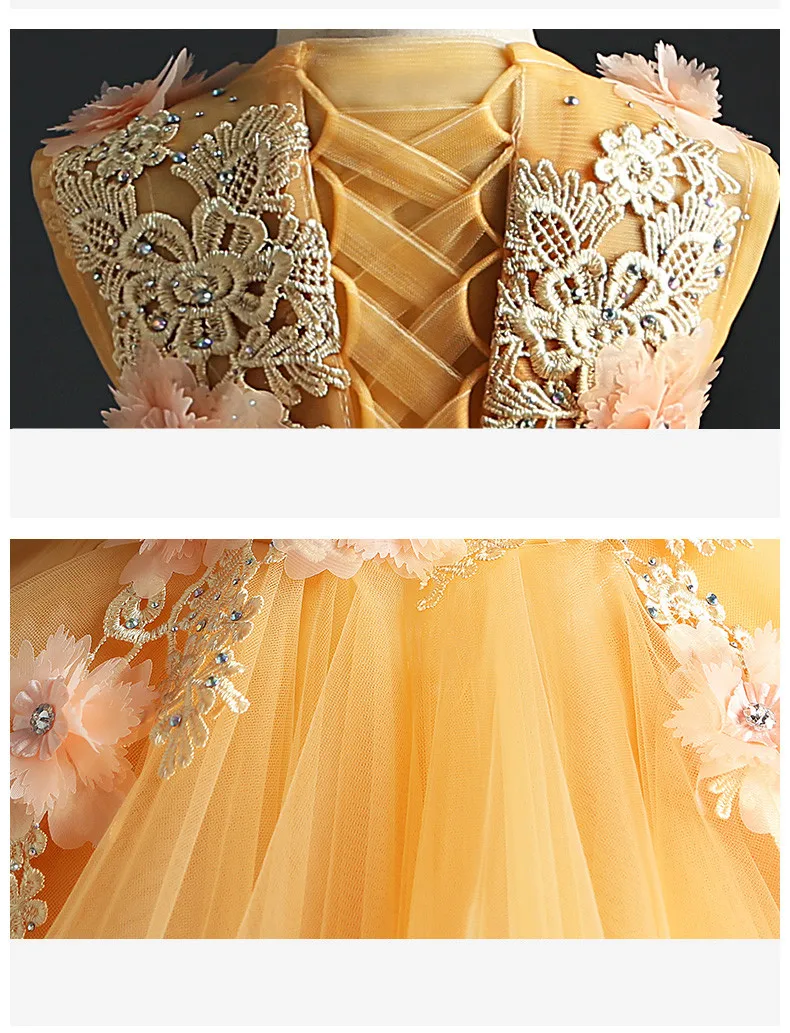 Vestido para o Casamento de Ouro Vestido de Primeira Vestido de Festa Vestido de Baile Elegante Longo Arrastando Flor Meninas Floral Tutu Crianças Pageant Comunhão 14 o Casamento de Ouro Floral Tutu Crianças