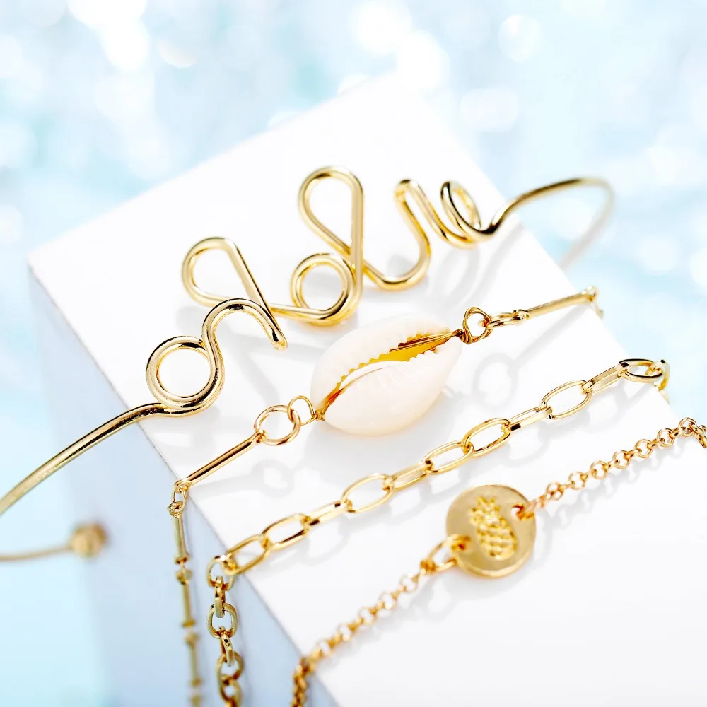 

LuxJuly Women Multilayer Bracelets Open Wristband Gold Color Link Chain Bracelet Set