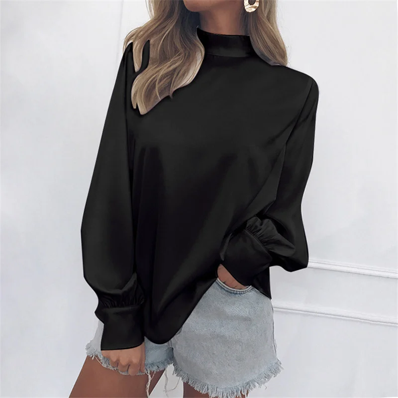 

2018 New Fashion Solid Color Shirts Turtle Neck Lantern Sleeve Women Chiffon Shirt Casual Autumn Office Lady Blouse