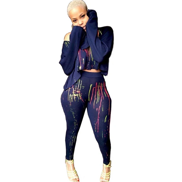 Splashing Ink Print Two Piece Sweatsuit Women One Shoulder Long Sleeve Splashing Ink Print Two Piece Sweatsuit Women One Shoulder Long Sleeve