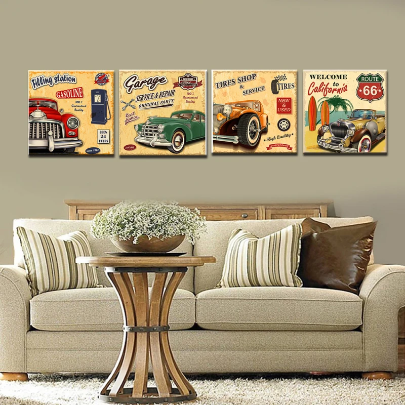 

Free Ship Retro Cars 4pcs Canvas Print Oil Painting Vintage Poster Wall Art Sticker Living Room Bedroom Home Decoration Cafe Bar
