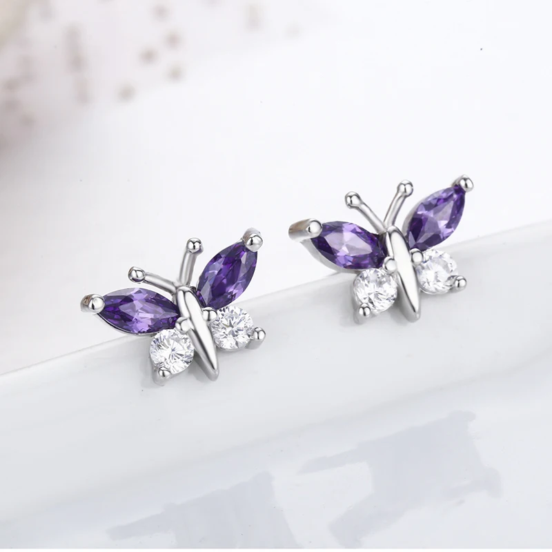 

Cute 925 Sterling Silver Butterfly Purple 7 White CZ Stud Earrings For Women Children Girls Kids Jewellery Orecchini Aros Aretes