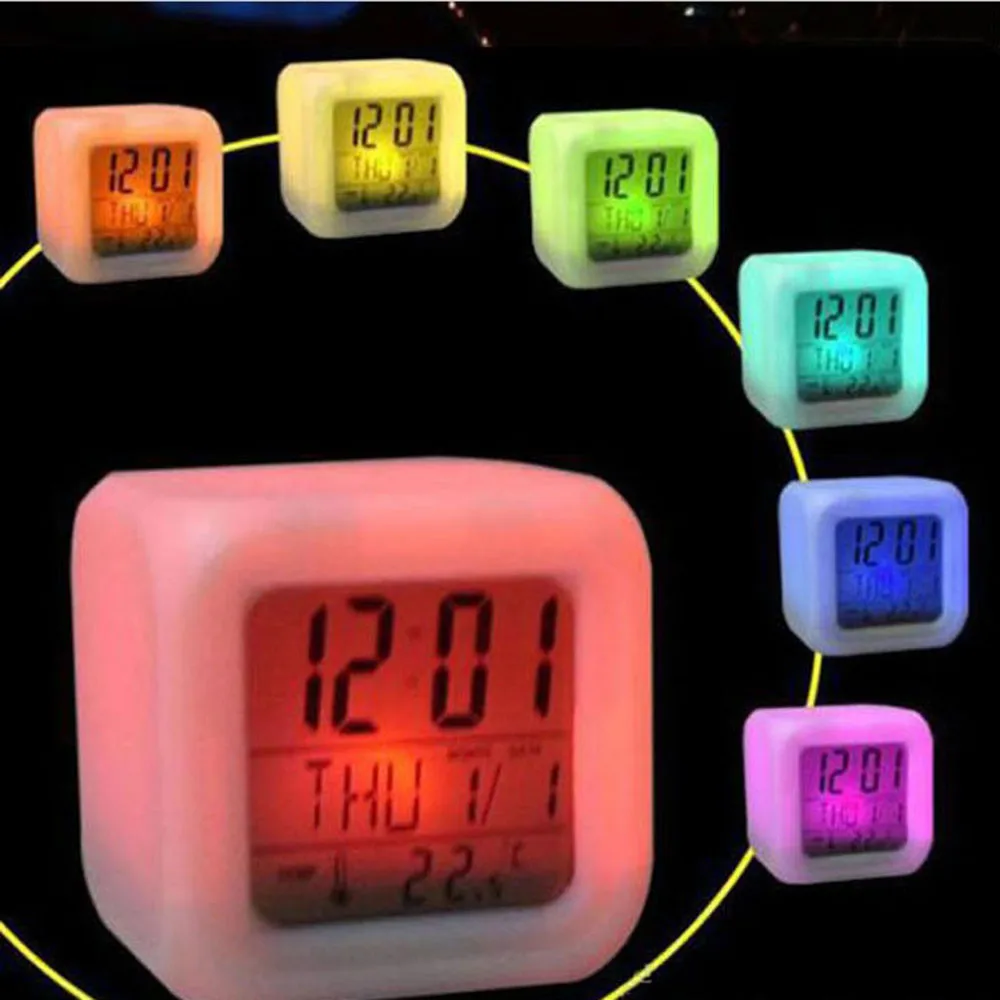 

Digital Alarm Thermometer Night Glowing Cube 7 Colors Clock LED Change Seven-color LED alarm clock