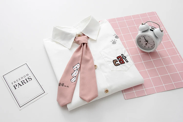 Japanese Mori Girl Autumn Spring Women Shirt Cute Kawaii Cat Footprint Bow School Uniform Preppy Style Anime White Blouse