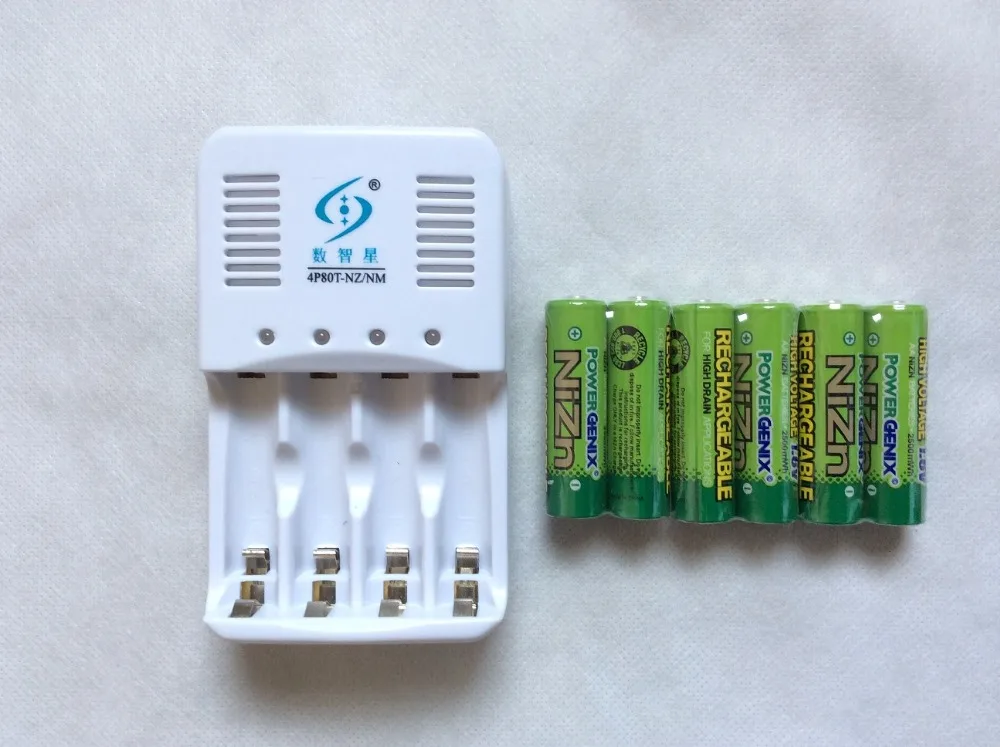 Free shipping 6Pcs NiZn1.6V 2500mWh AA Rechargeable Battery+ 1pcs NiZn/Ni-MH Charger set High Voltage For High Drain Usage