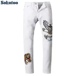 Sokotoo Для мужчин Тигр орел вышитые белые джинсы Slim fit straight с вышивкой джинсы