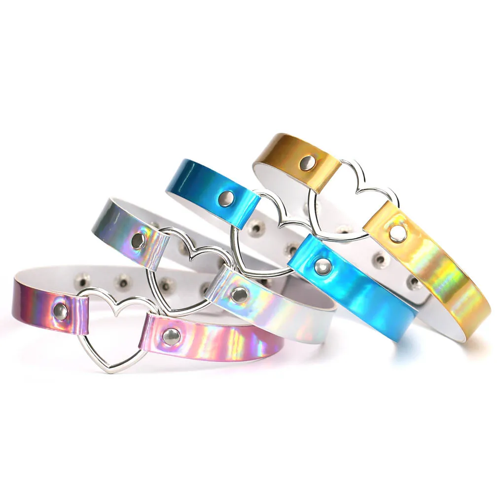 Harajuku Handmade Heart Pendant Choker Fashion Sexy Laser Light Necklace Punk Leather Collar Chocker Spikes Torques | Украшения и