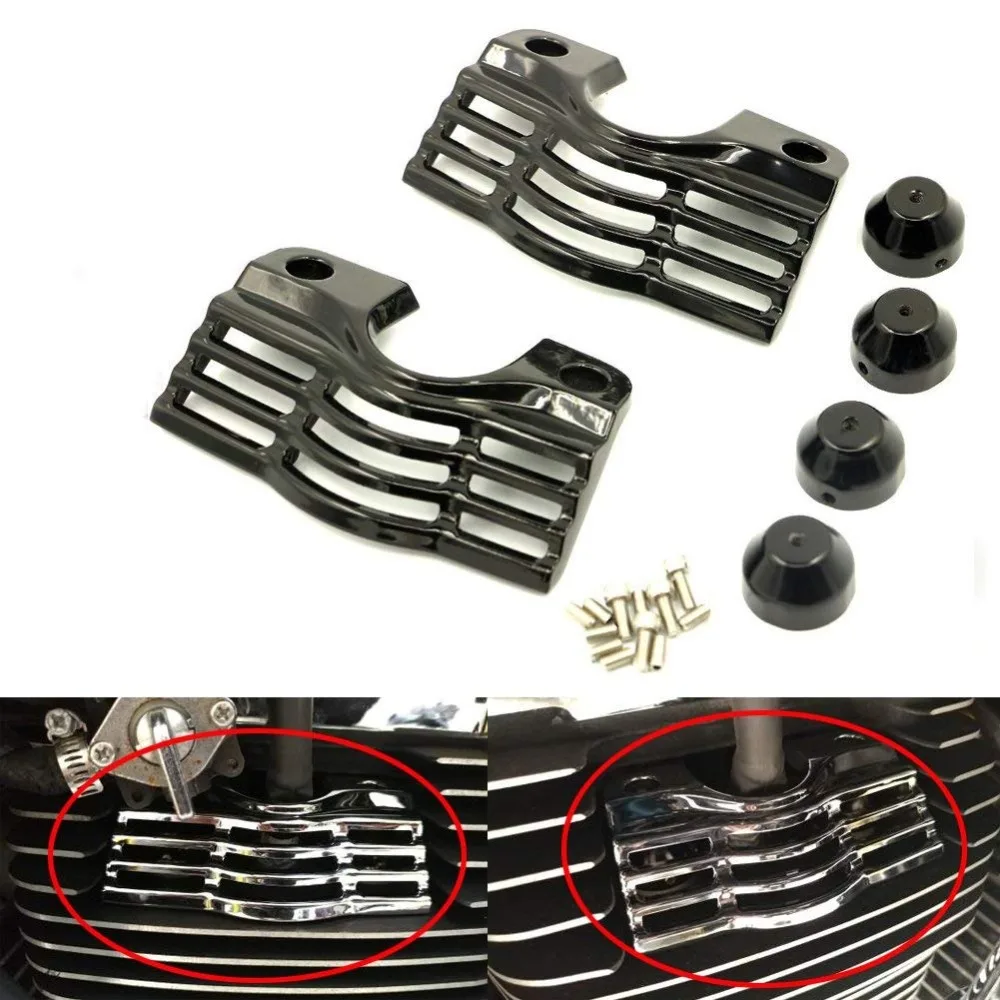 

BLACK/ CHROME FINNED SLOTTED HEAD BOLT SPARK PLUG COVERS GUARDS FOR HARLEY TOURING ELECTRA STREET GLIDES ROAD KINGS TRIKES 09-14