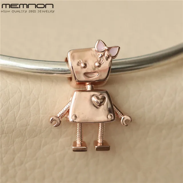 Spring New 925 Sterling Silver Robot Charm Pink Enamel Bead with rose Fit charm beads Bracelet DIY for Women Jewelry Accessories
