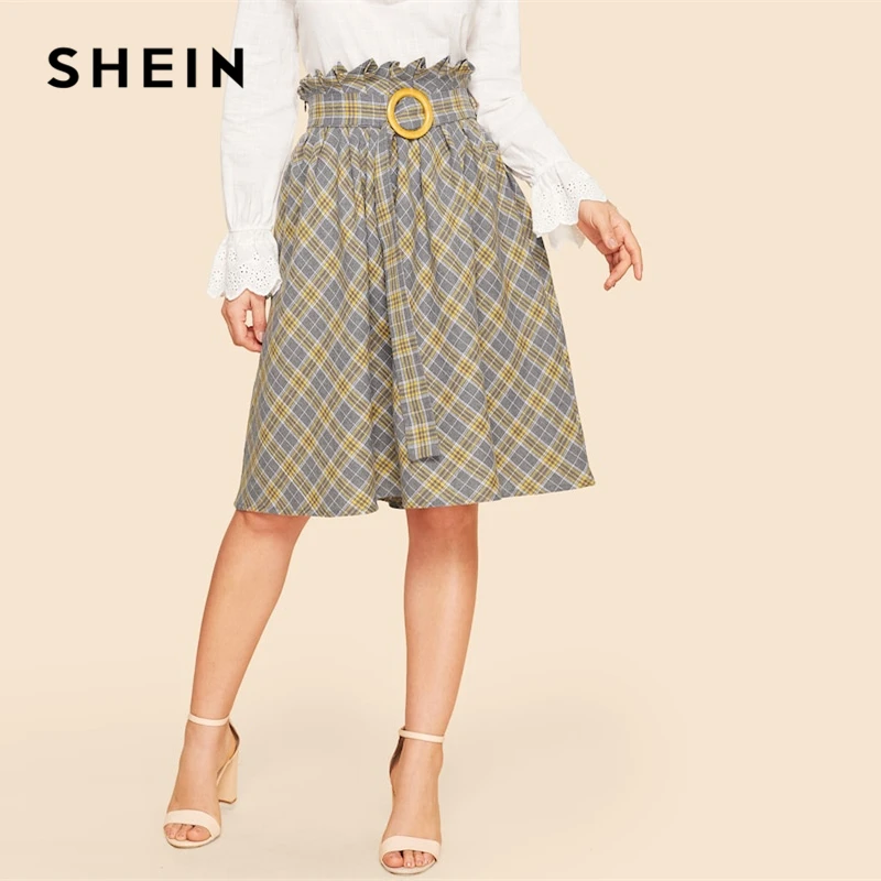 

SHEIN Vintage Paper-bag Waist Plaid Flare Belted Knee Length Skirt Casual High Waist Women Skirts 2019 Summer A Line Skirt