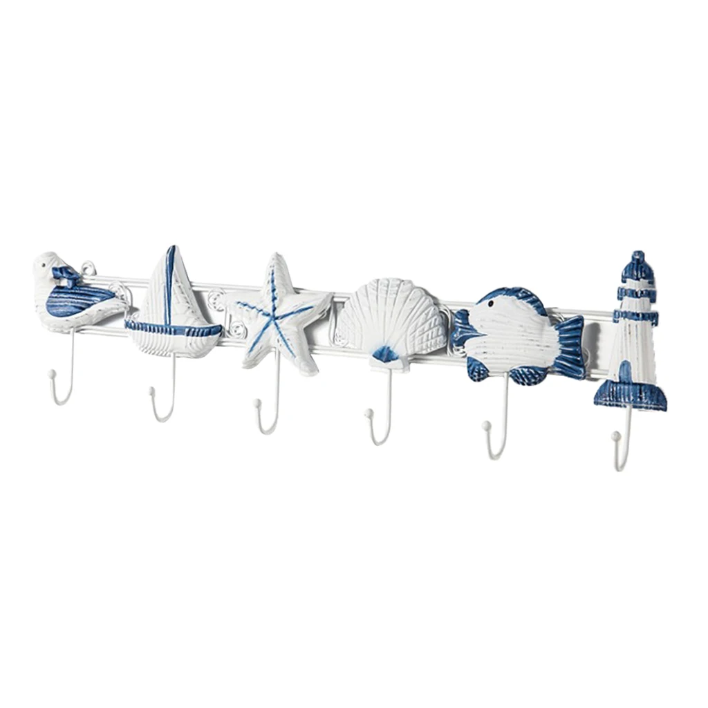  6-HOOK NAUTICAL STARFISH SEASHELL COASTAL SINGLE HOOK BATH TOWEL HOOK RUSTIC BLUE 5-10kg 