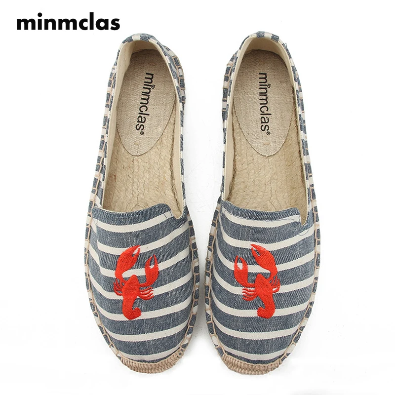 Minmclas/модные удобные женские повседневные эспадрильи в синюю полоску с вышивкой в виде Омаров; дышащая льняная парусиновая обувь из пеньки
