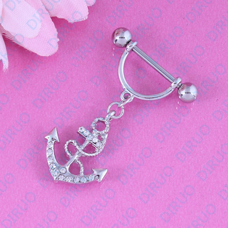 Anchor Cross Crystal Nipple ring piercing Nickel free 14G 316L surgical