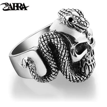 ZABRA 100% 925 Sterling Silver Skull Ring Men With Snake Big Punk Rock Gift For Biker Man Rings Silver Gothic Jewelry soqmo solid 925 silver skull pendant for biker man cool snake budda sculpture mens vintage gothic punk pendants jewelry sqm023