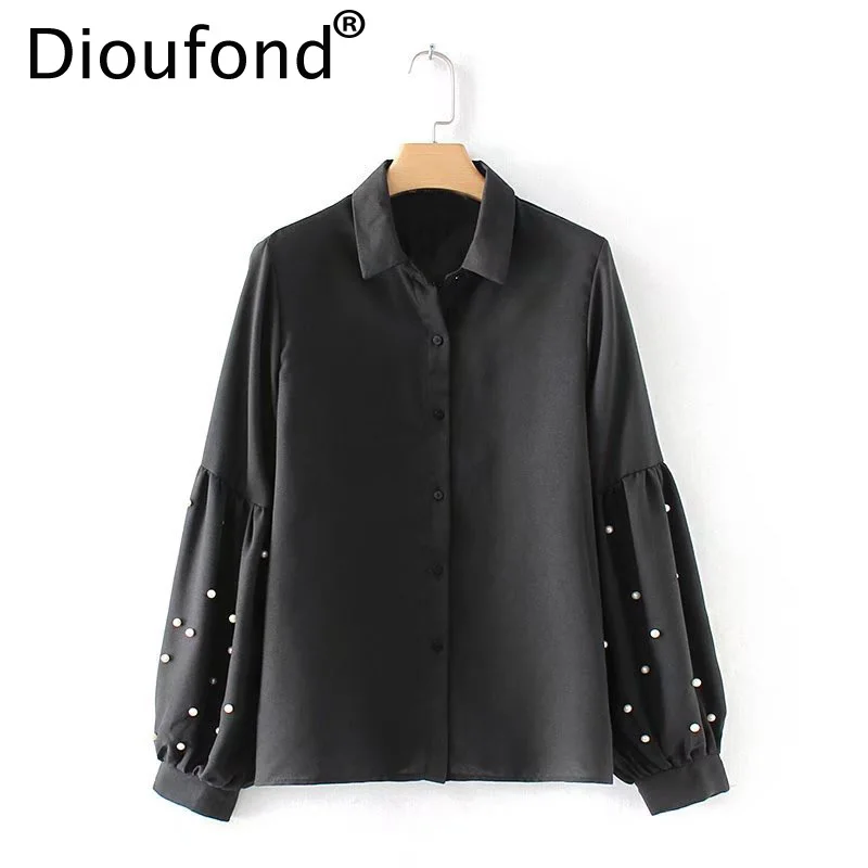 

Dioufond Black Pearl Bead Chic Chiffon Women Top Blouse Elegant Lantern Long Sleeve Blusa Casual Solid Turn-down Collar Shirts