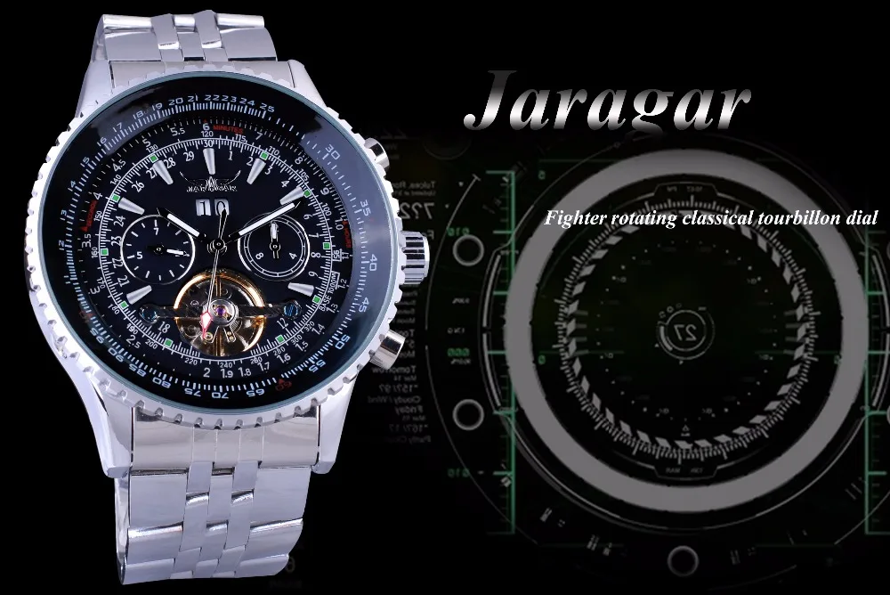 Jaragar автоматические механические модные мужские часы авиационные Toubillon серебряные, с календарем Роскошные наручные часы из нержавеющей стали