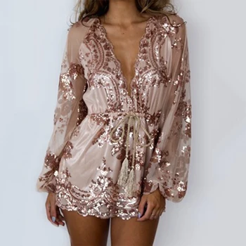 

2019 Fashion Sequins Pattern Womens Jumpsuit Casual Loose V-neck Siamese Shorts Women's Sexy Wind Sequins Jumpsuit Women