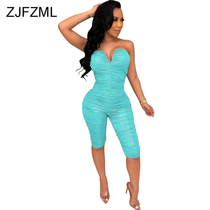 

V Neck Pleated Sexy Party Jumpsuits Summer Backless Skinny Plus Size Rompers Womens Jumpsuit High Waist Club Bandage Bodysuit