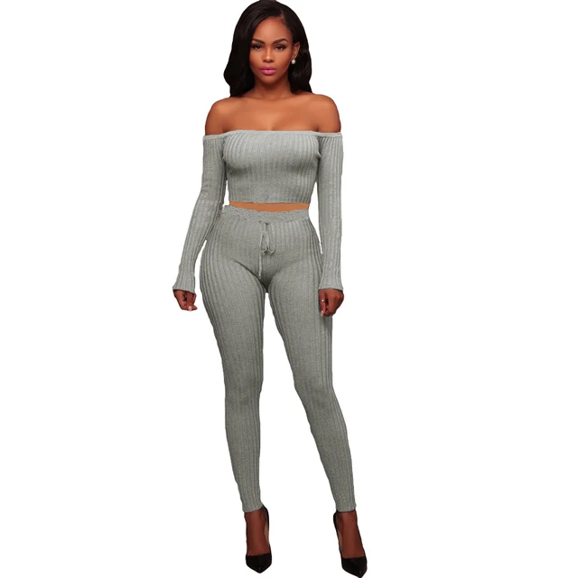 Sexy Women Two Piece Set Crop Top Leggings Solid Ribbed Off Shoulder