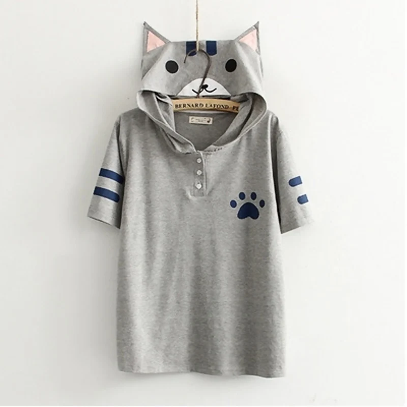 Harajuku Аниме Neko Atsume Мори Cute Cat с Печать Kawaii Cat ДворТройник WXC - Цвет: Gray T shirt