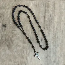 Винтажные женские и мужские ювелирные изделия, ручная вязка, черные матовые бусы, четки, Молитвенное ожерелье, 10 ав., кулоны с кулоном в виде креста Марии гематита
