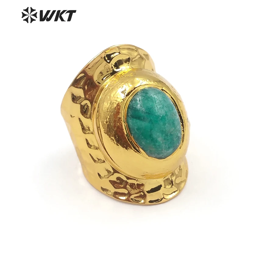 

WT-R322 Natural Amazonite Stone Jewelry Oval Shape Stone With Gold Metal Plated Women Fashion Ring Bohomia Gift For Female