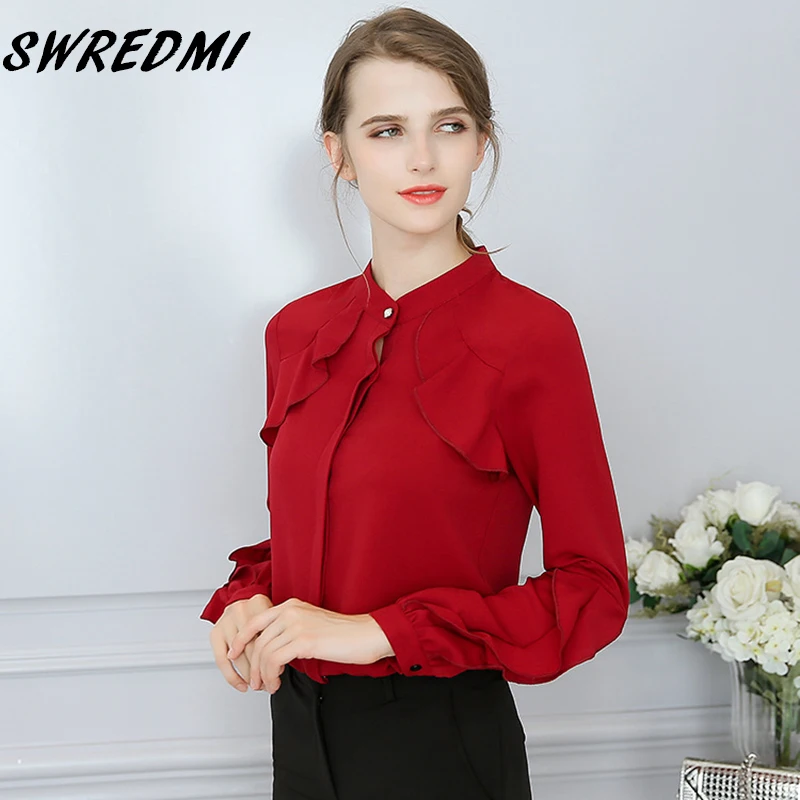 

SWREDMI Long-sleeved Solid Blouses Chiffon Shirts Spring And Summer Women Tops Flare Sleeve Clothing