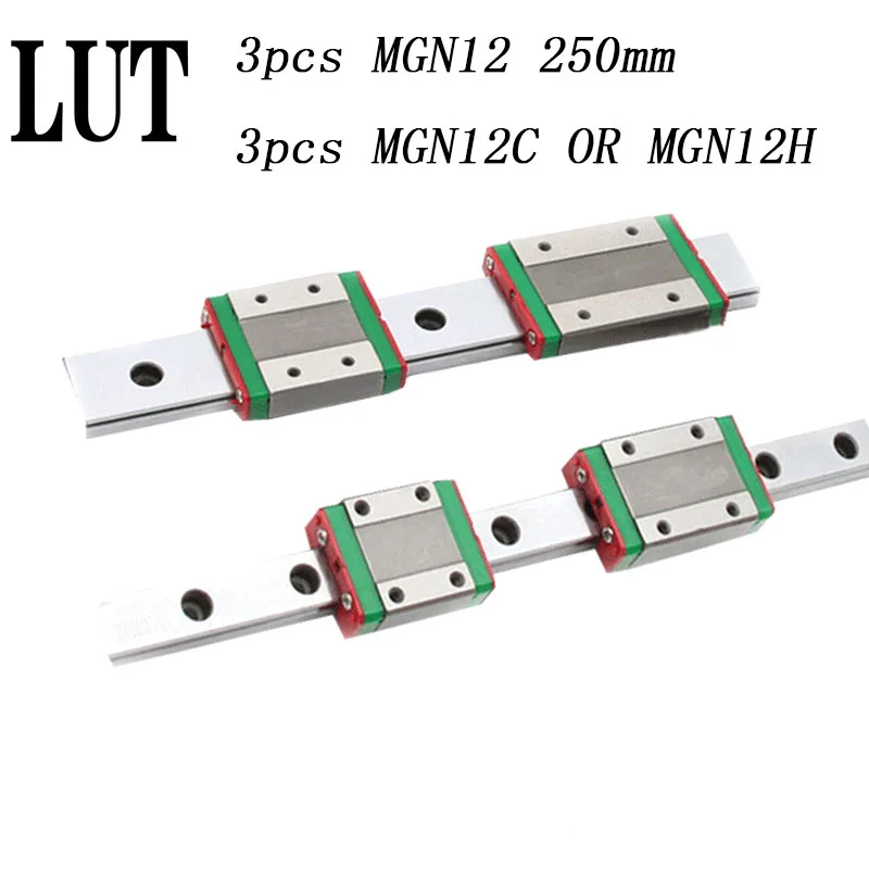 

High quality 3pcs 12mm Linear Guide MGN12 L= 250mm linear rail way + MGN12C or MGN12H Long linear carriage for CNC XYZ Axis