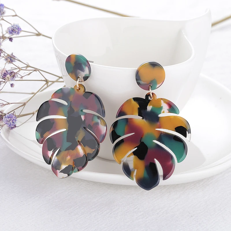 

New Colorful Leaf Shape Acryli Drop Earrings Geometric Resin Earrings Woman Bohemian Fashion Dangler Vintage Acetate Accessories