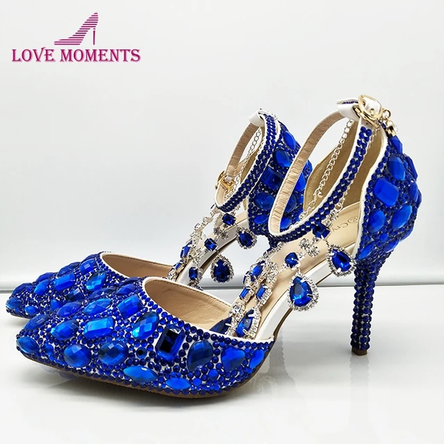 Royal Blue Rhinestone Buckle Straps Wedding Shoes Pointed
