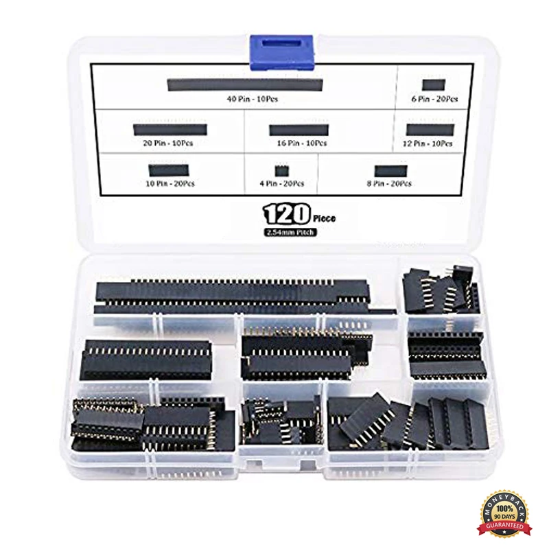 

120Pcs 2.54mm Straight Single Row PCB Board Female Pin Header Socket Connector Strip Assortment Kit for Arduino Prototype Shield