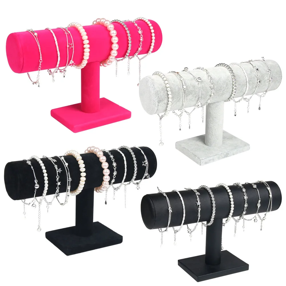 

Four-color Portable Velvet/PU Leather Bracelet Bangle Necklace Display Stand Holder Watch Jewelry Organizer T-Bar Rack dg88