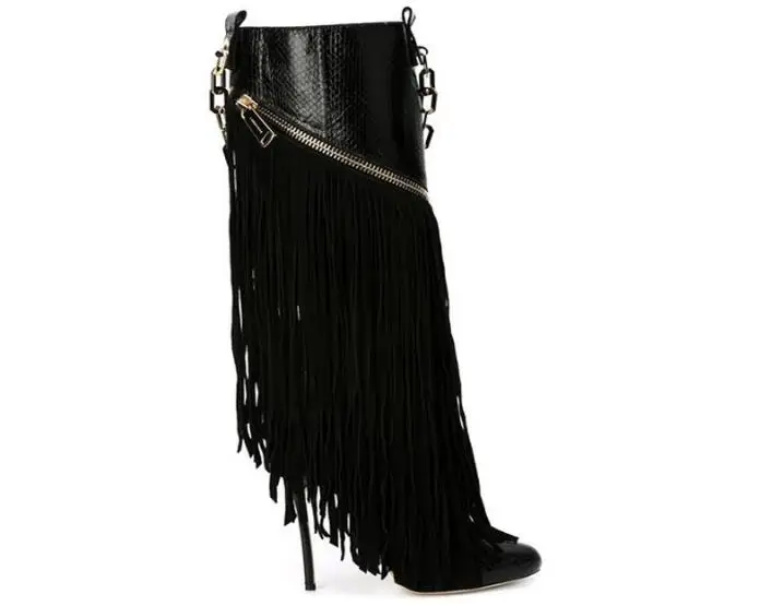 

Newest Autumn women shoes suede Fringe fashion long boots Genuine leather thin high heel knee boots with chain Sexy party boots