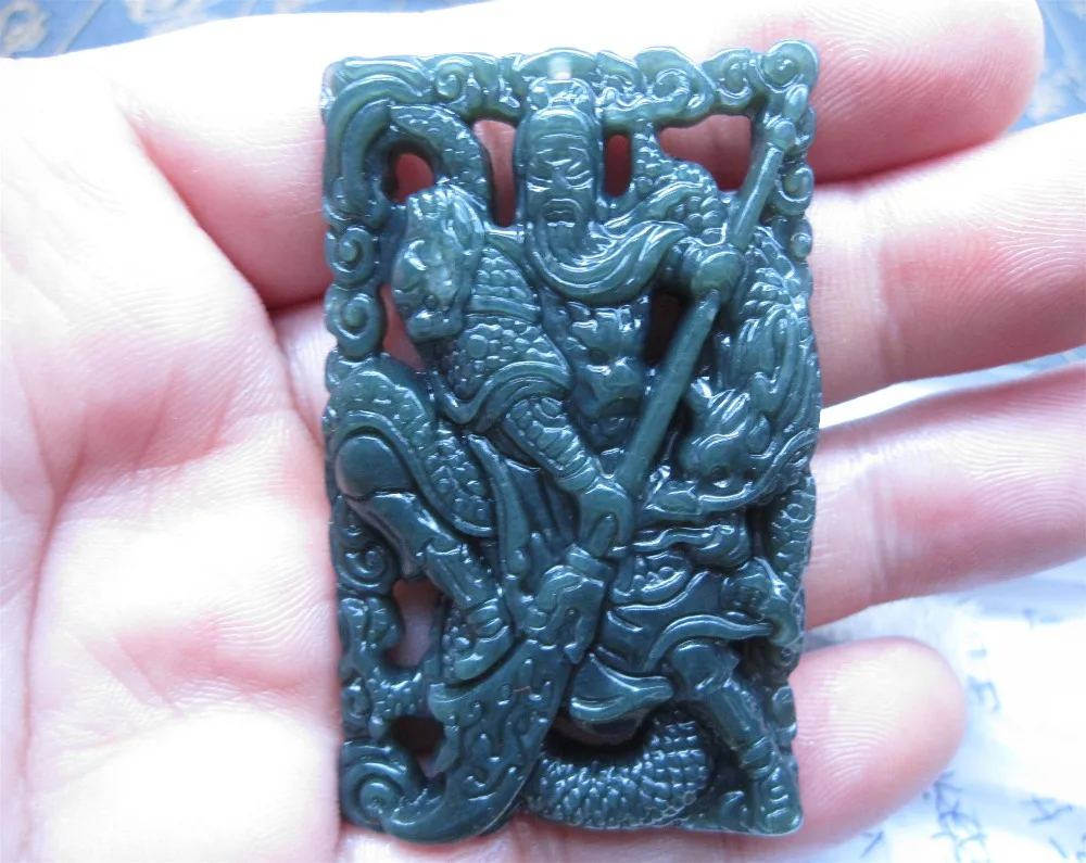 

natural carved wealth Hollow GUANYU HETIAN jade pendant China QINGYU green necklace pendants 56*37*9mm