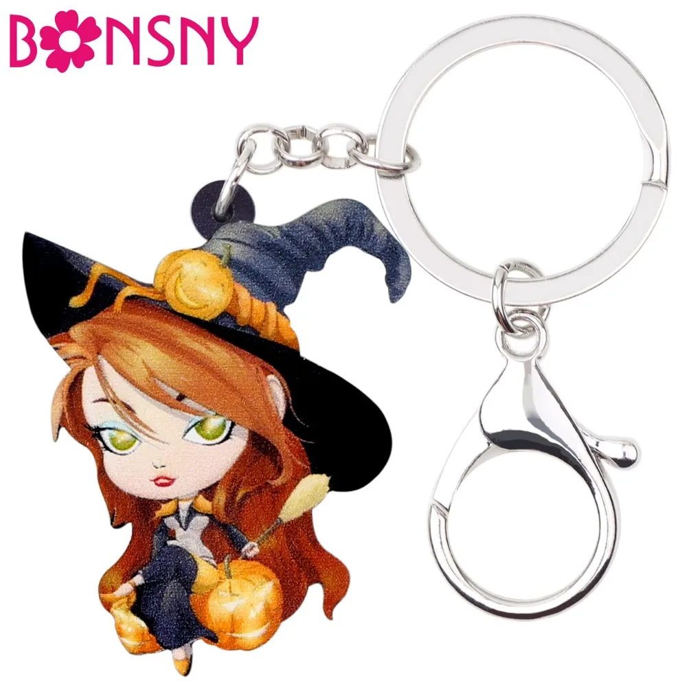 

Bonsny Acrylic Halloween Cartoon Magical Witch Key Chain Keychain Ring Fashionable Jewelry For Women Girls Ladies Bag Car Charms
