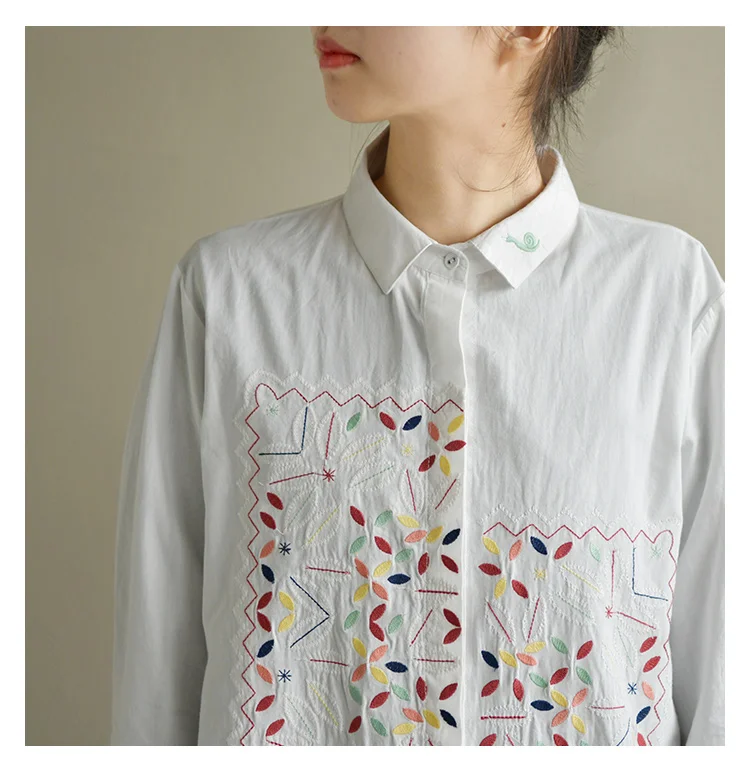 

Colored thread embroidery long sleeve long white cotton 100% shirt blouse vintage mori girl 2019 spring