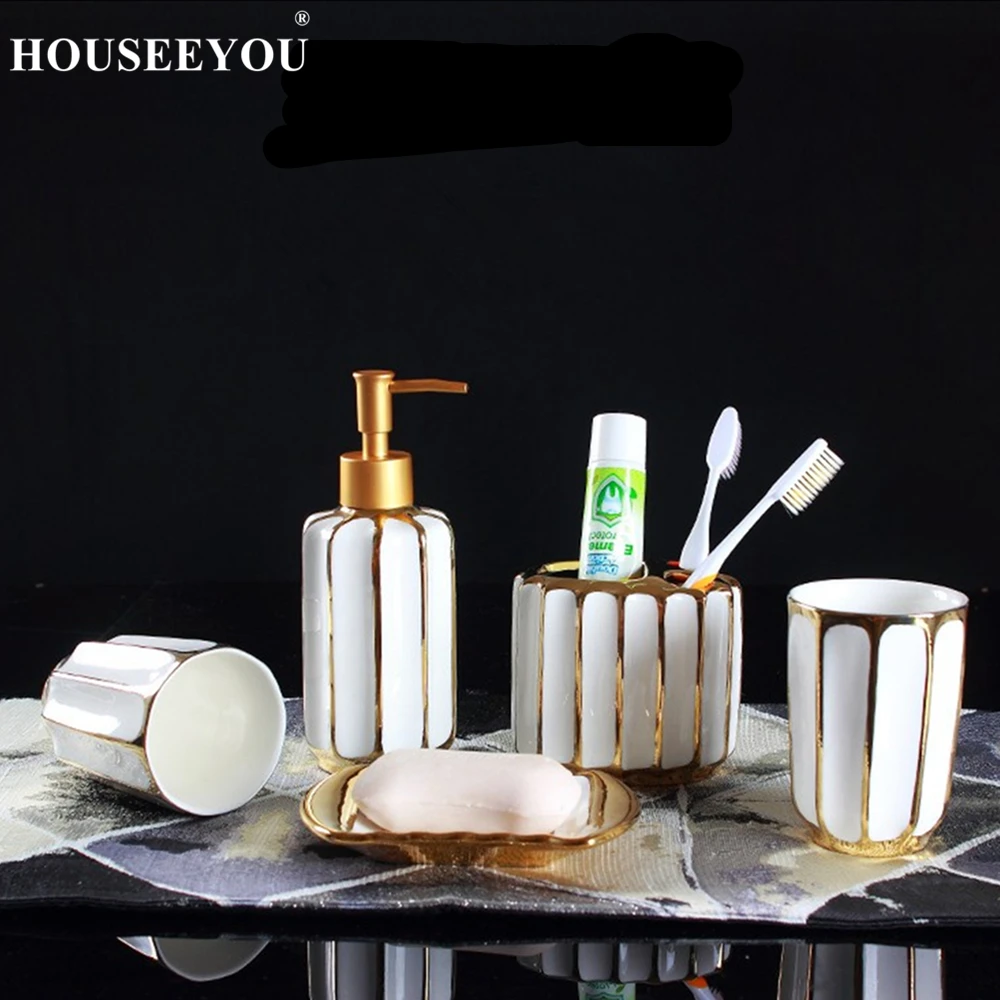 

5Pcs/lot Golden Plating Ceramic Bathroom Accessories Set Soap Dispenser Toothbrush Holder Tumbler Soap Dish Bathroom Products