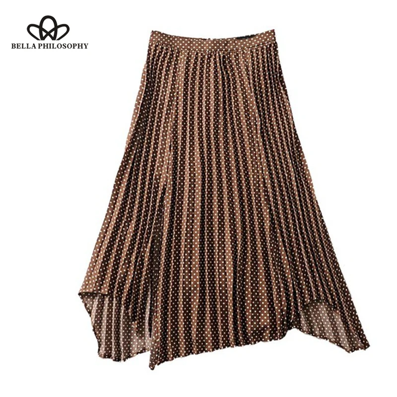 women dots print split midi skirt side zipper sweet pleated female elegant mid calf irregular skirts faldas Wonder Store